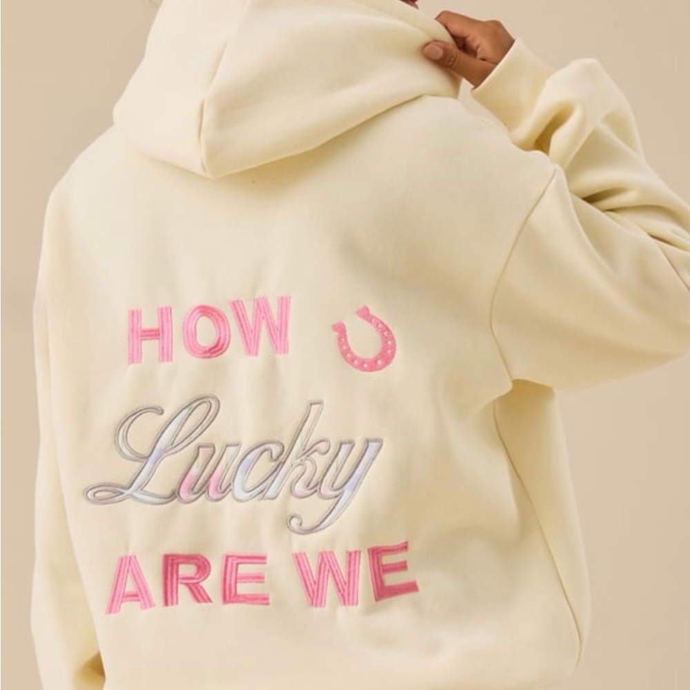 Altar'd State Cream Hoodie with Pink and Gray Embroidery